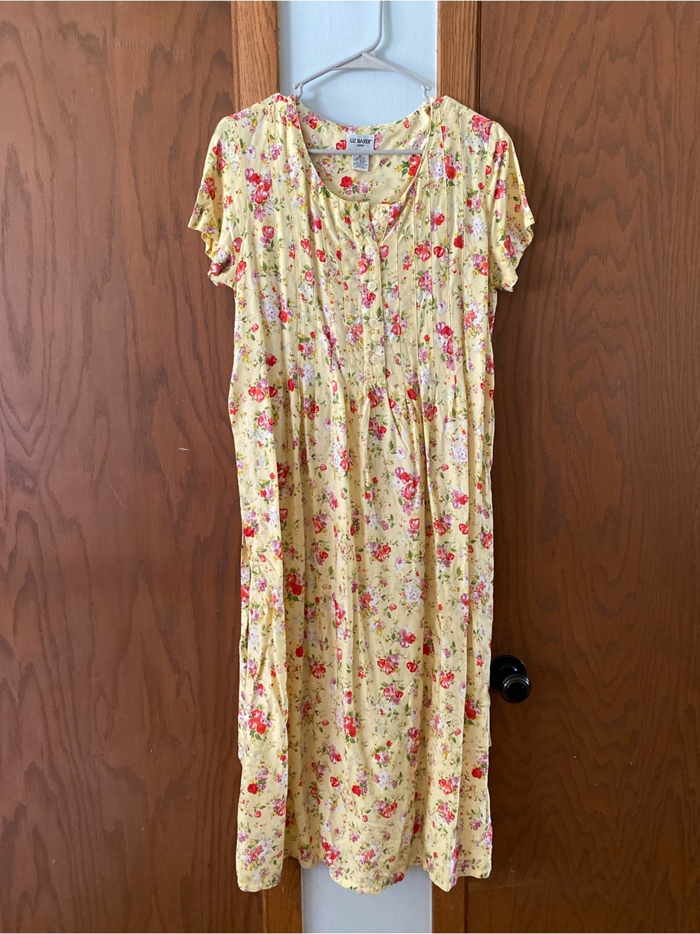 Liz Baker Yellow Floral Rayon Dress with Pink & Red Blooms